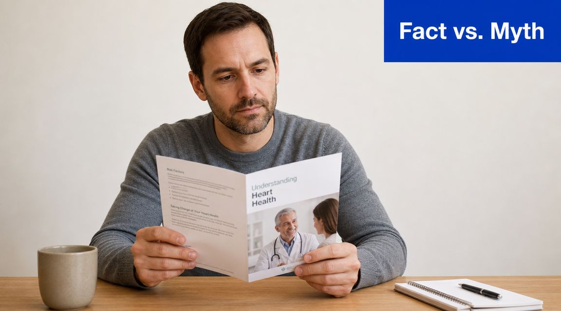 A man sitting at a wooden table reading a health brochure about understanding heart health.