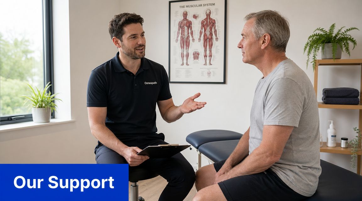 A professional osteopath speaking with an elderly patient during a clinical consultation in a therapy office.