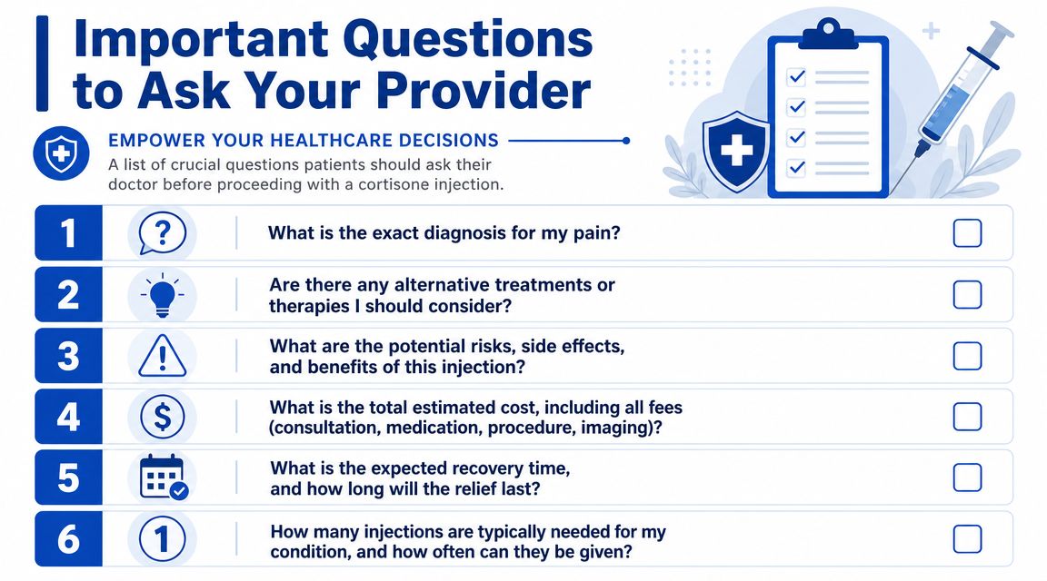 A checklist infographic titled Important Questions to Ask Your Provider regarding cortisone injection treatment options.