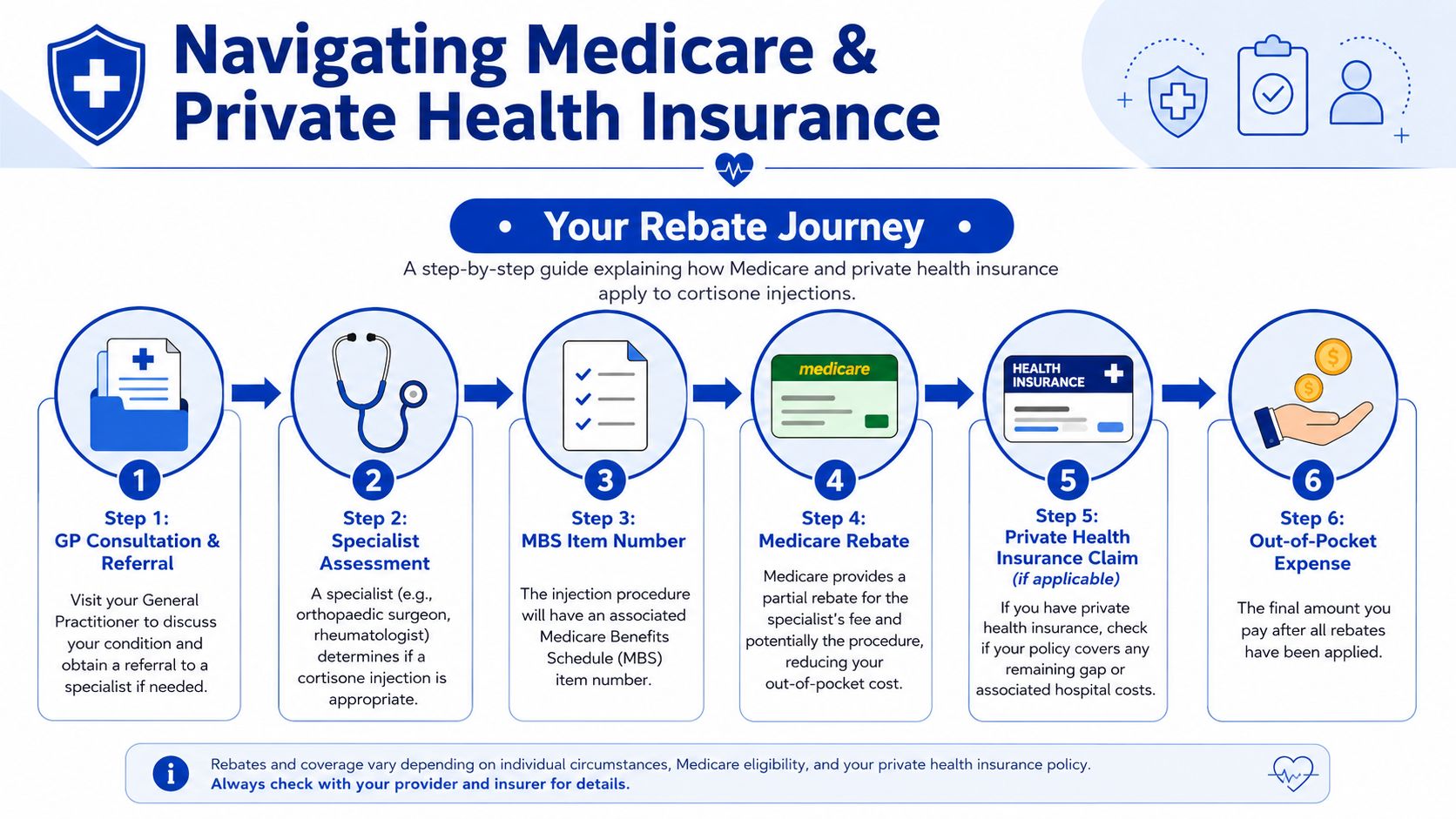 A step-by-step infographic illustrating the process of navigating Medicare and private insurance for cortisone injection costs.