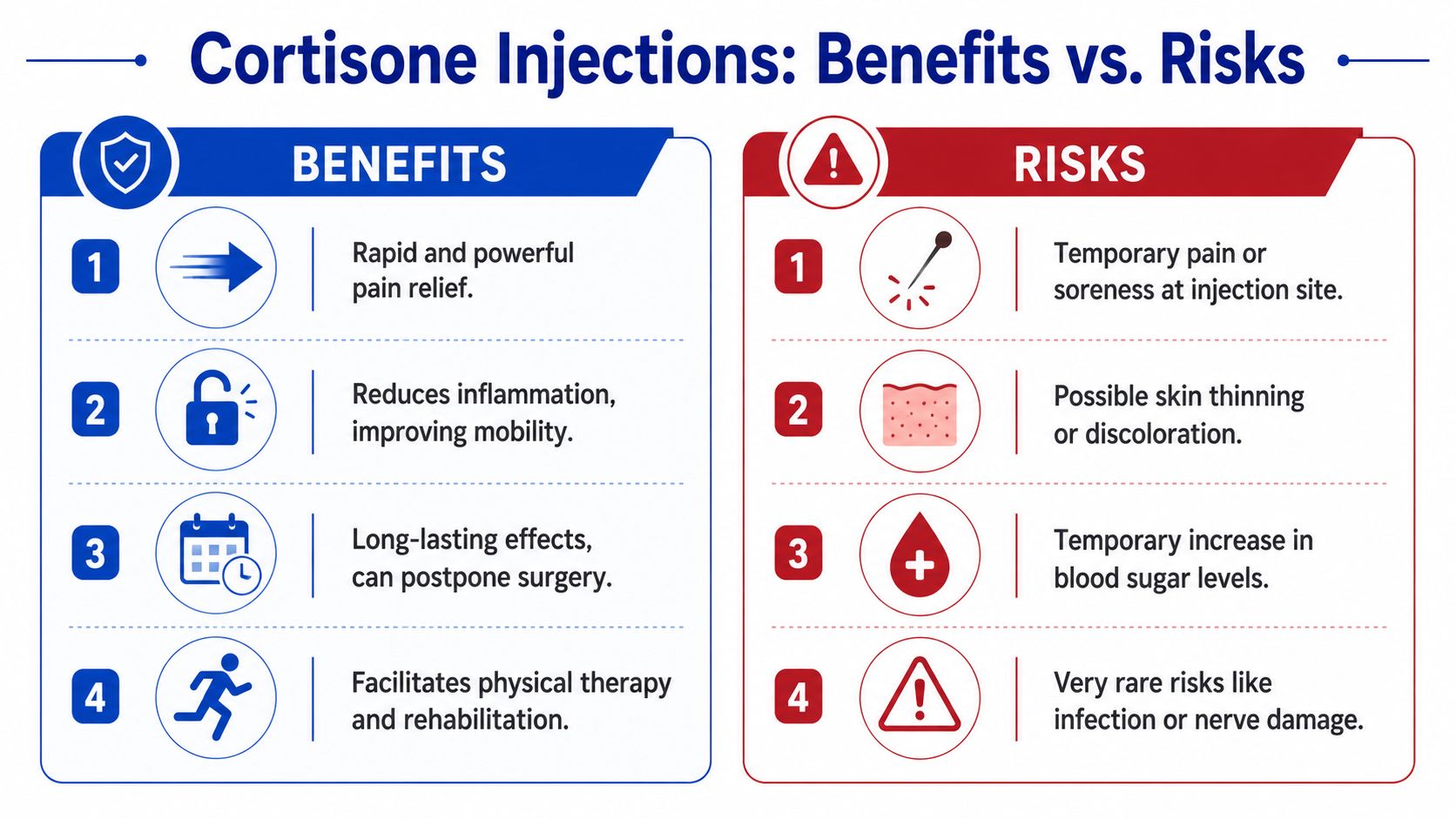 An infographic comparing the medical benefits and potential risks associated with receiving cortisone injections for pain.