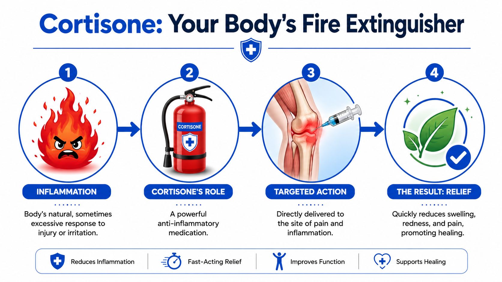 A four-step infographic illustrating how cortisone injections act as an anti-inflammatory treatment for joint pain relief.