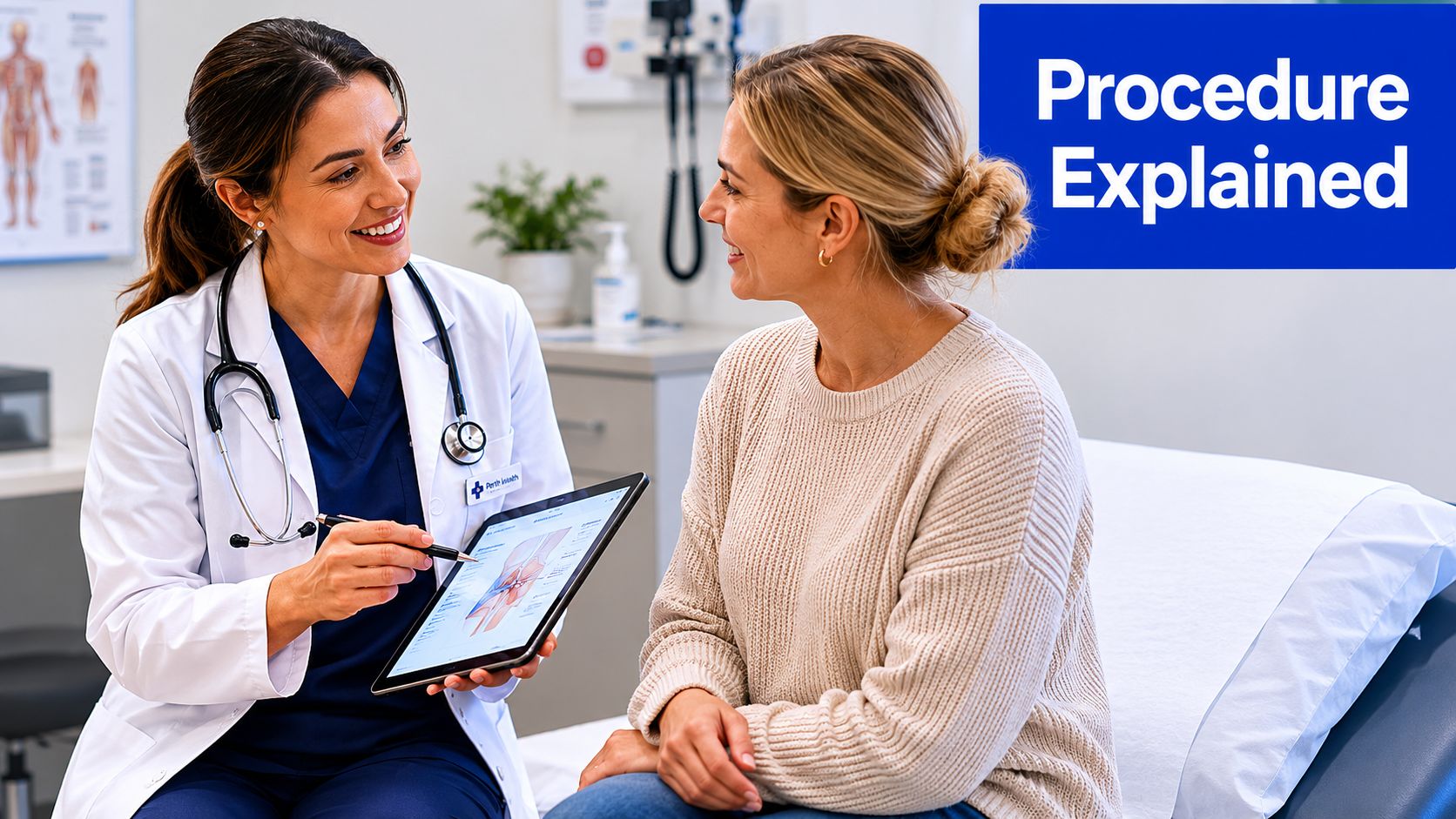 A female doctor in a white coat explaining a medical procedure to a patient using a tablet.