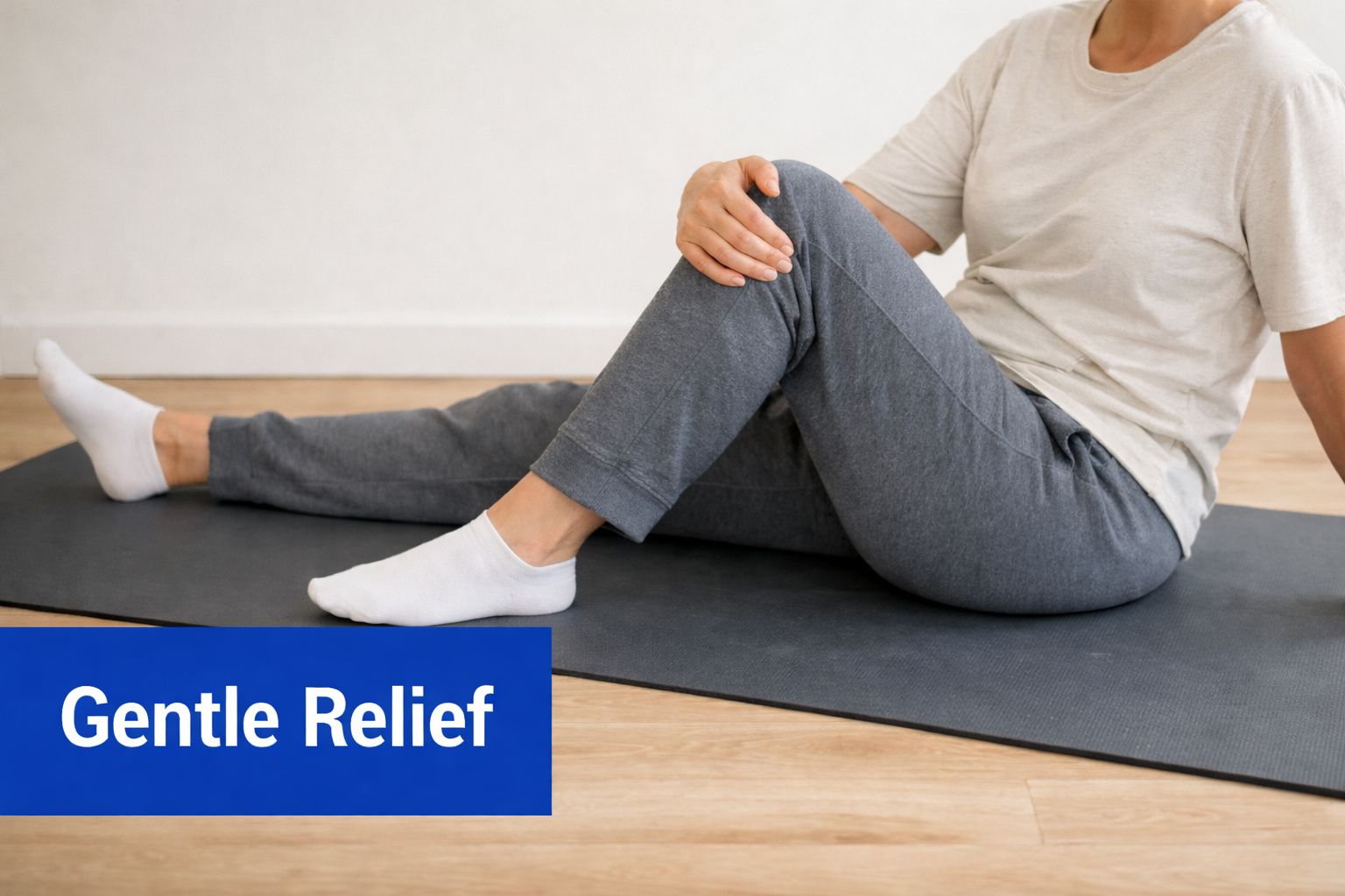 A person sitting on a yoga mat performing gentle stretching exercises to help relieve hip pain.
