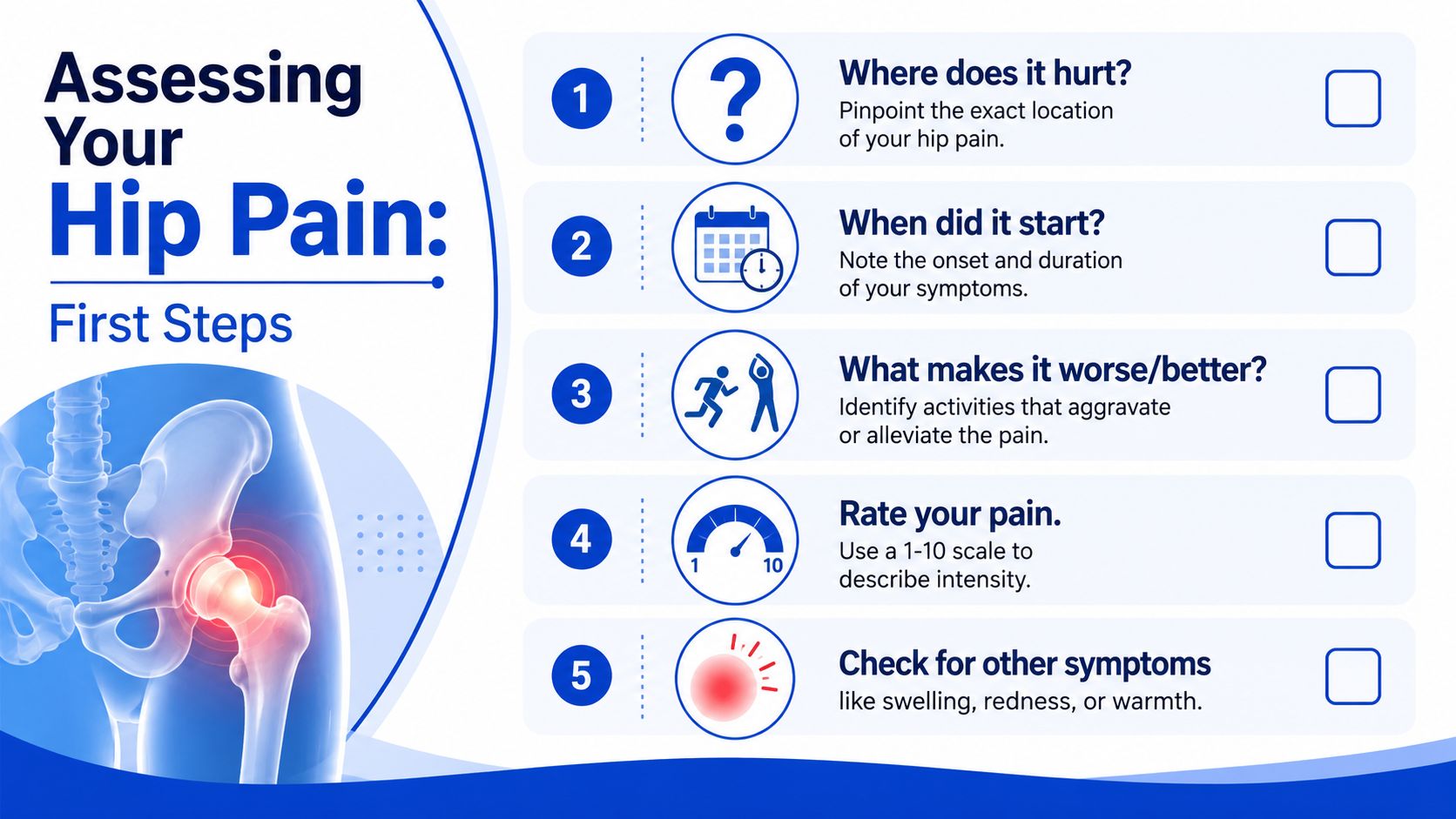 An infographic titled Assessing Your Hip Pain, showing five steps to evaluate hip pain symptoms clearly.