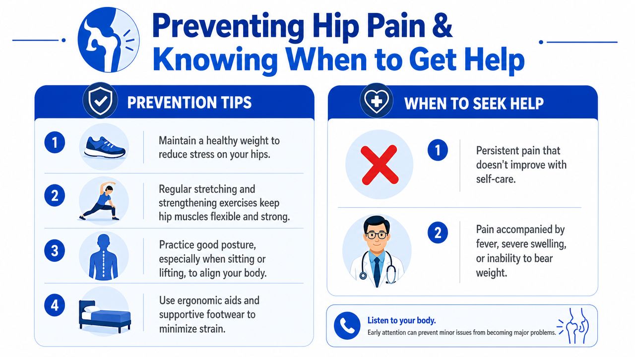 An infographic titled Preventing Hip Pain and Knowing When to Get Help with prevention and medical advice.