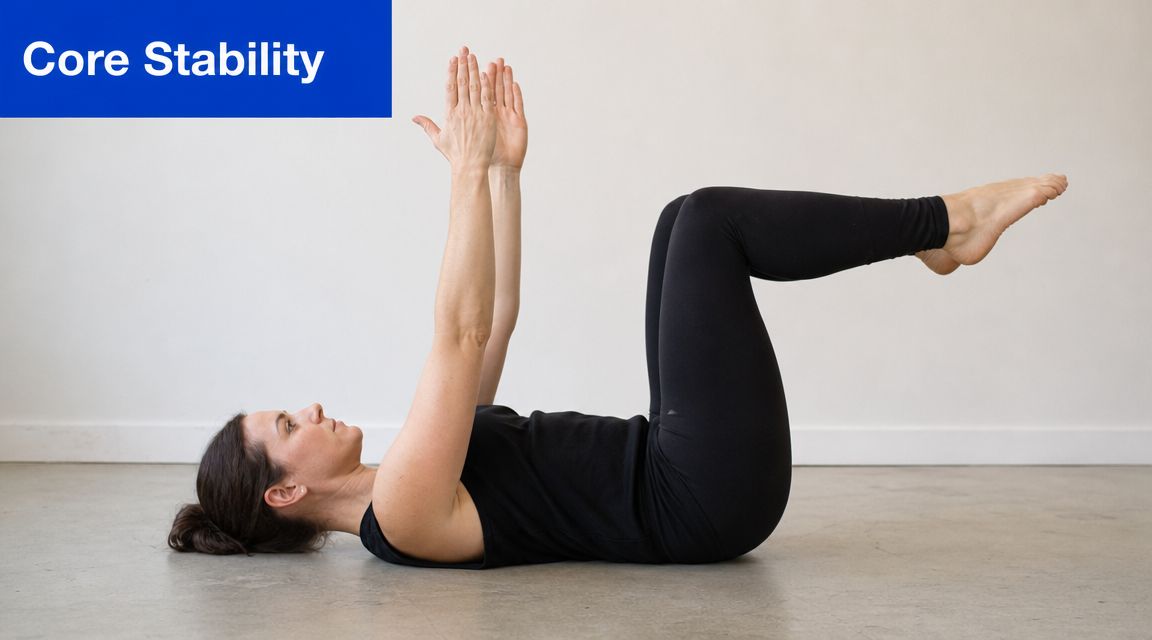 A woman performing a dead bug exercise on a studio floor for core stability and back health.