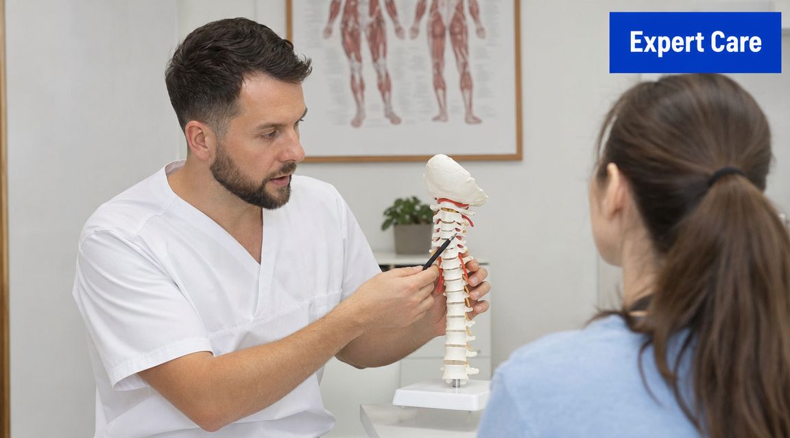 A male chiropractor explains cervical spine anatomy to a female patient using a plastic spinal model.