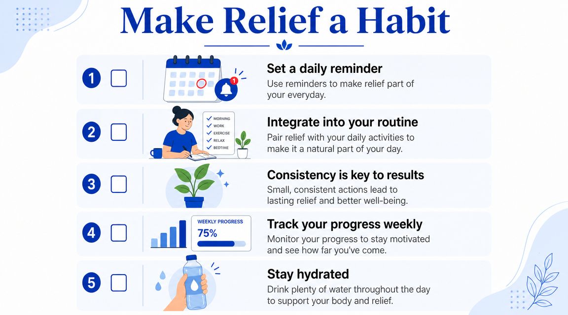 An infographic titled Make Relief a Habit, displaying five numbered steps for incorporating healthy daily routines.