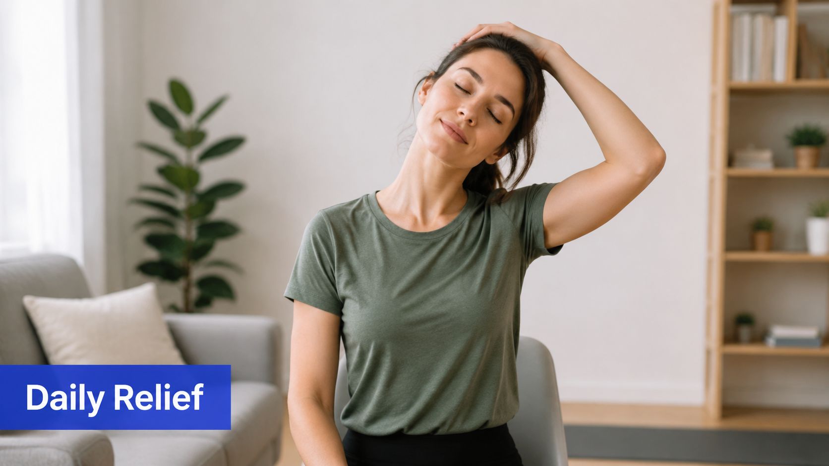 A woman performing a gentle neck stretch while sitting on a chair for pain relief.
