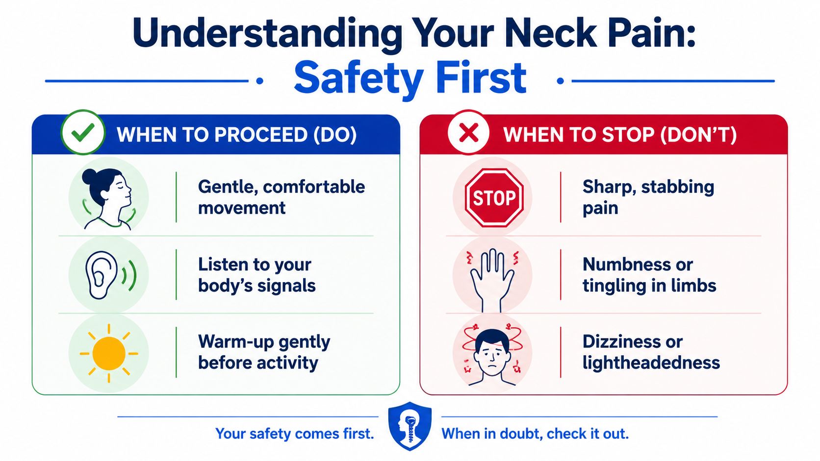 An infographic titled Understanding Your Neck Pain outlining safety guidelines for exercise, comparing recommended actions and warning signs.