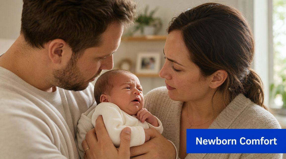 A father and mother lovingly hold their newborn baby, who appears to be crying for comfort.