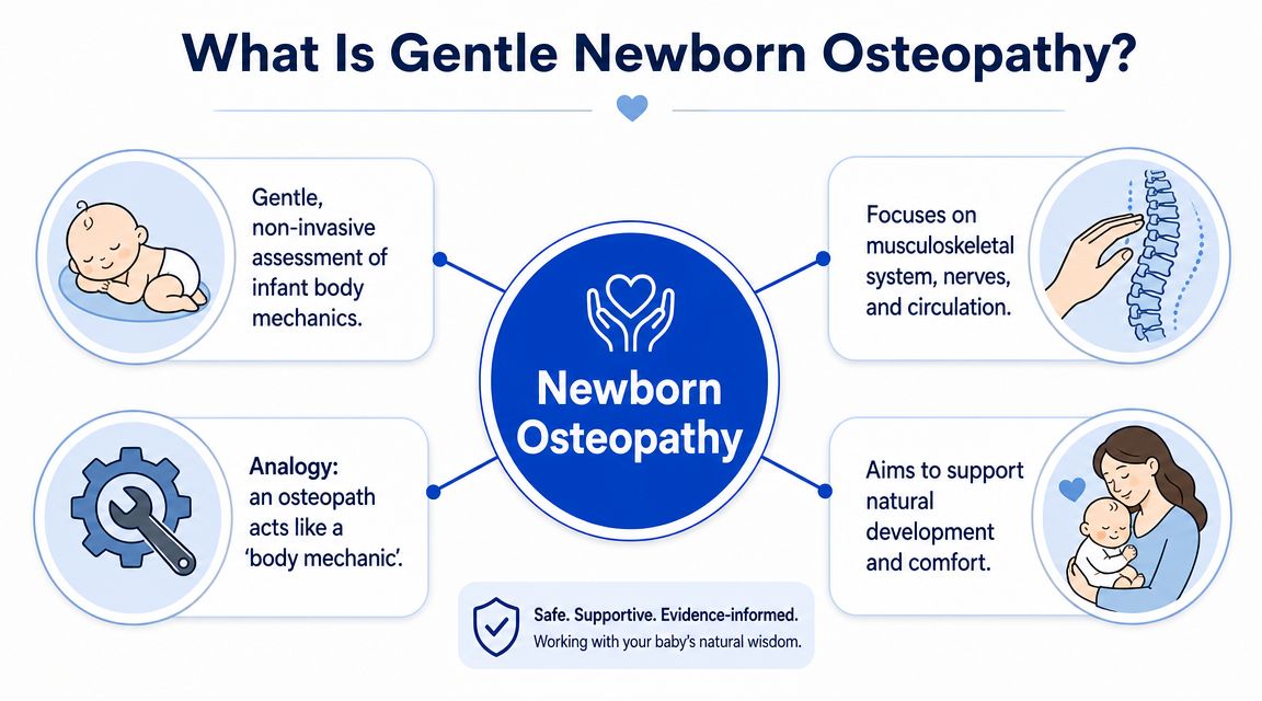 An infographic explaining gentle newborn osteopathy as a non-invasive, evidence-informed assessment supporting infant physical development and comfort.