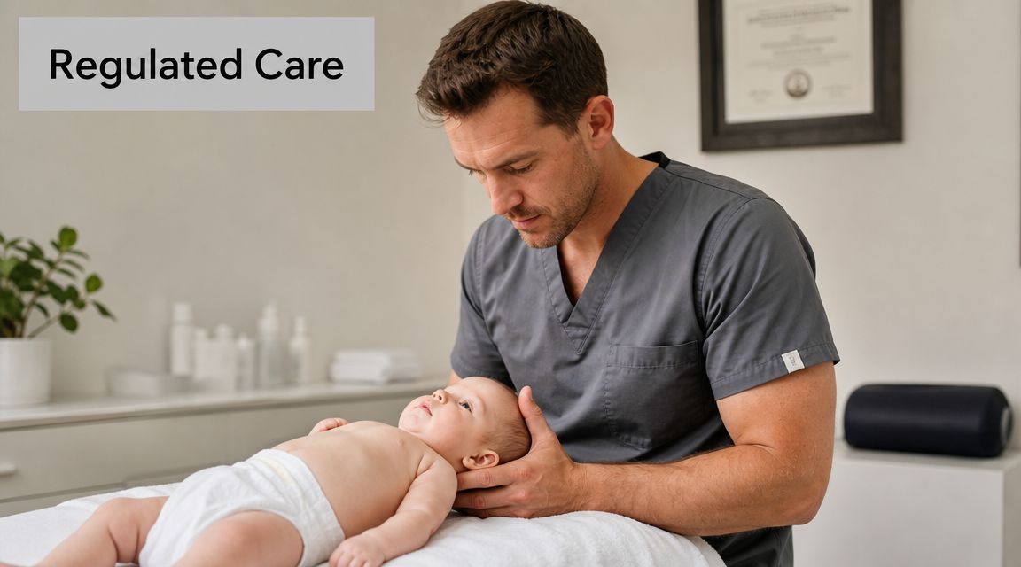 A professional osteopath gently examines the head of a newborn baby lying on an examination table.