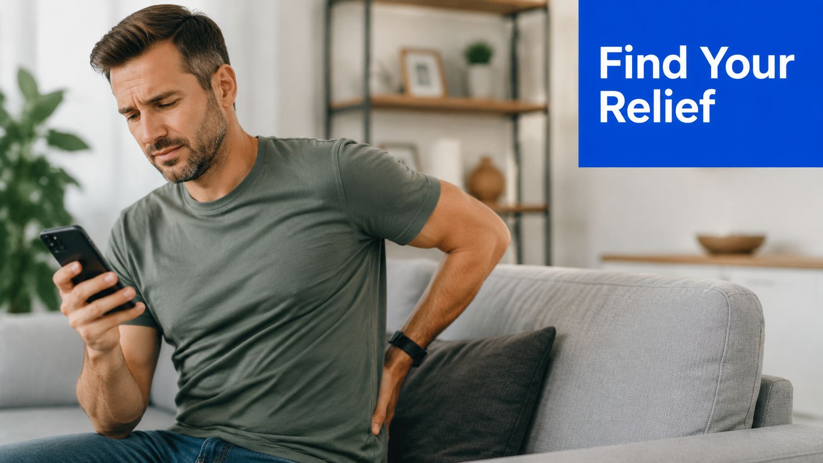 A man sitting on a couch checking his phone while experiencing back pain and discomfort.