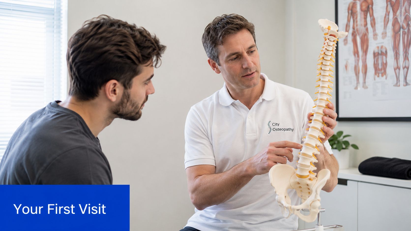 An osteopath explaining spinal health to a patient using a skeletal model during their first visit.