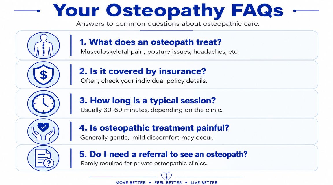 An infographic titled Your Osteopathy FAQs answering five common questions about osteopathic care and treatment.