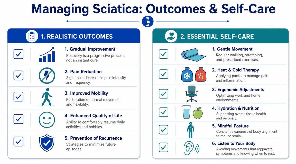 A guide detailing realistic recovery outcomes and essential self-care tips for managing sciatic nerve pain effectively.