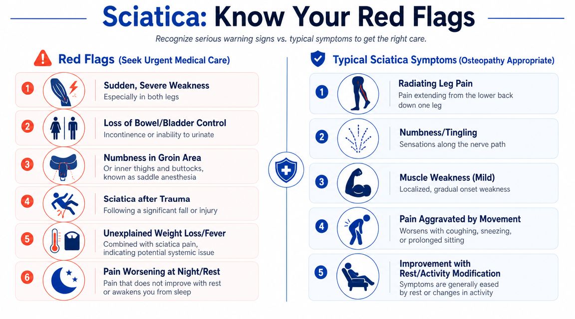 An infographic detailing red flag symptoms of sciatica requiring urgent medical attention versus typical sciatica symptoms.