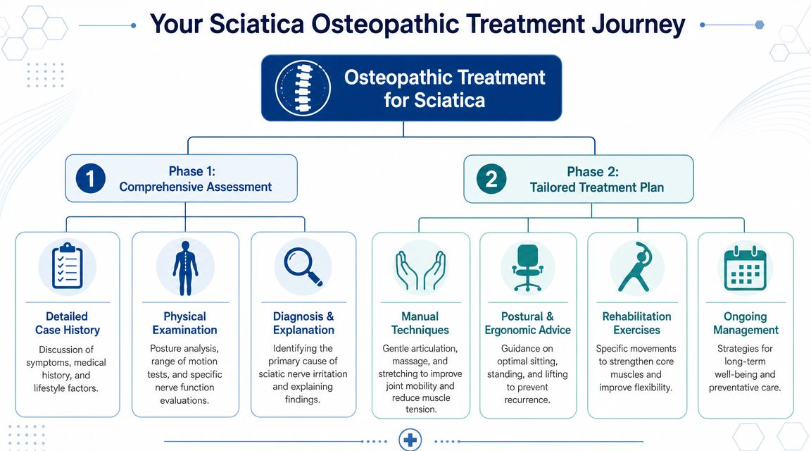 A diagram outlining a two-phase osteopathic treatment journey for managing and relieving sciatica symptoms.