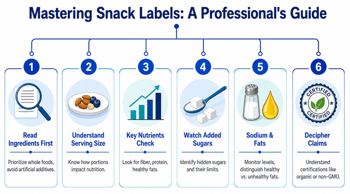 A professional infographic titled Mastering Snack Labels guiding consumers on how to analyze food nutritional packaging information.