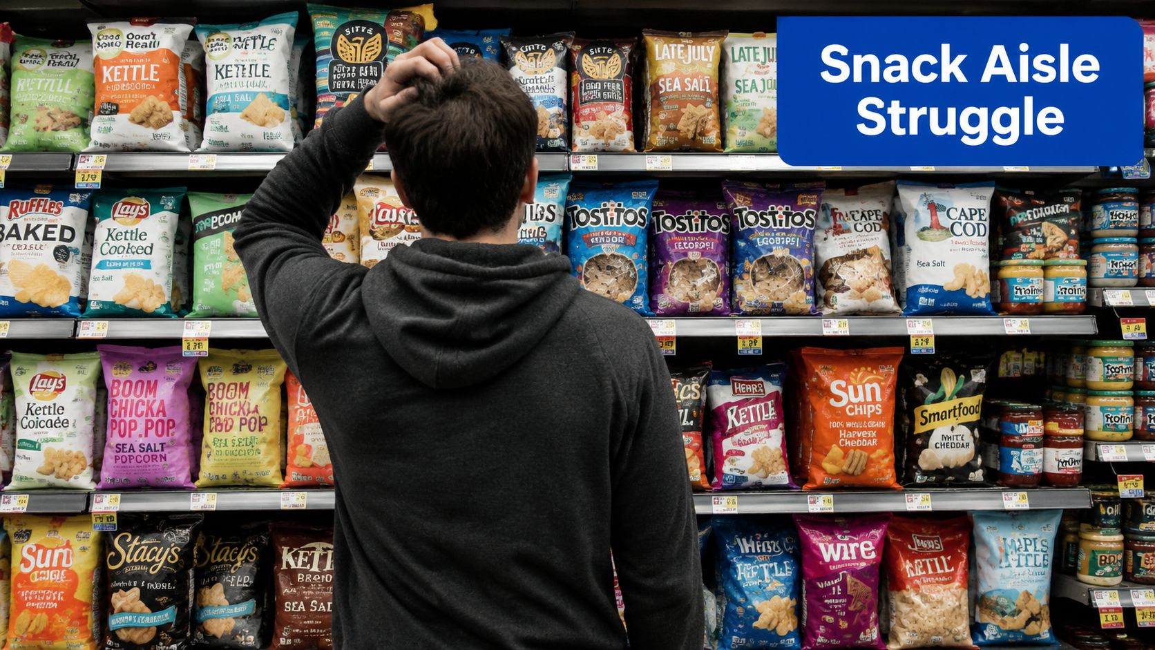 A person standing in front of a supermarket snack aisle, looking confused by the many choices.