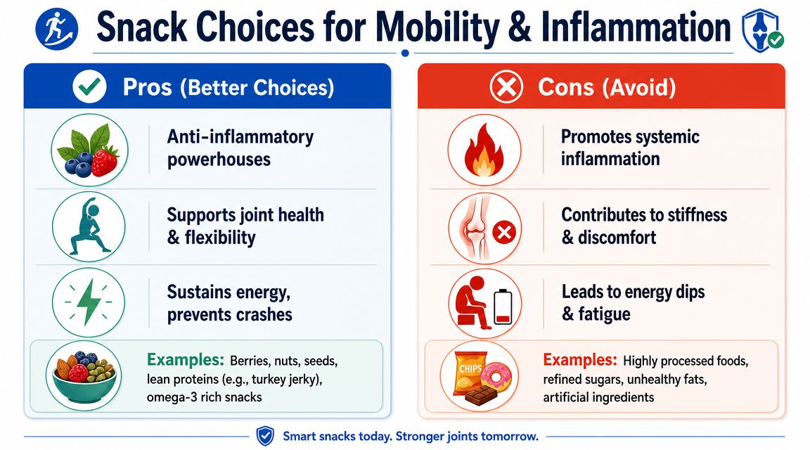 An infographic comparing healthy anti-inflammatory snack choices against processed snacks that cause inflammation and fatigue.