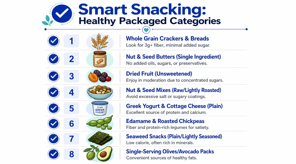 A numbered infographic showing eight categories of healthy packaged snacks with tips for each choice.