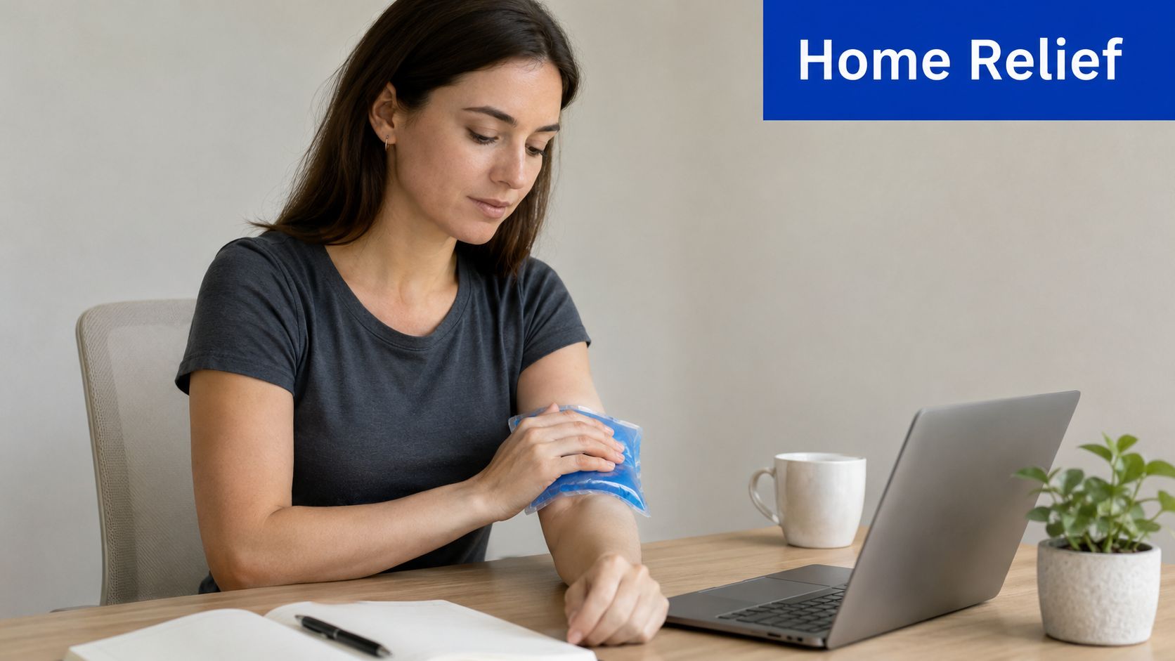 A woman sitting at her desk applying a blue ice pack to her arm for pain relief.