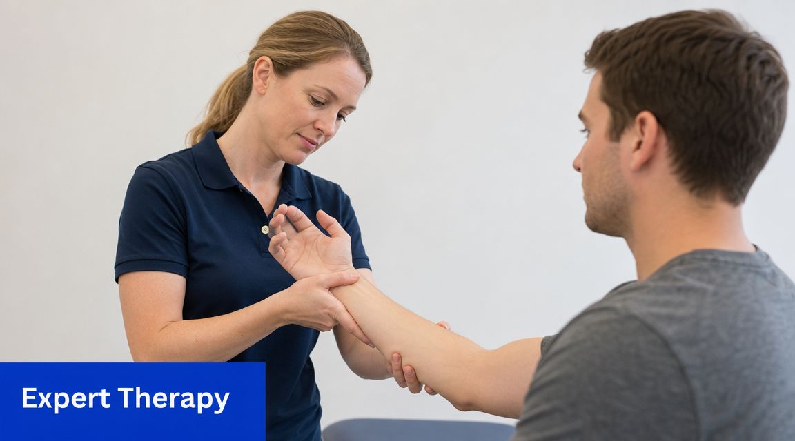 A professional female physical therapist performing a manual evaluation on a male patient's wrist and forearm.