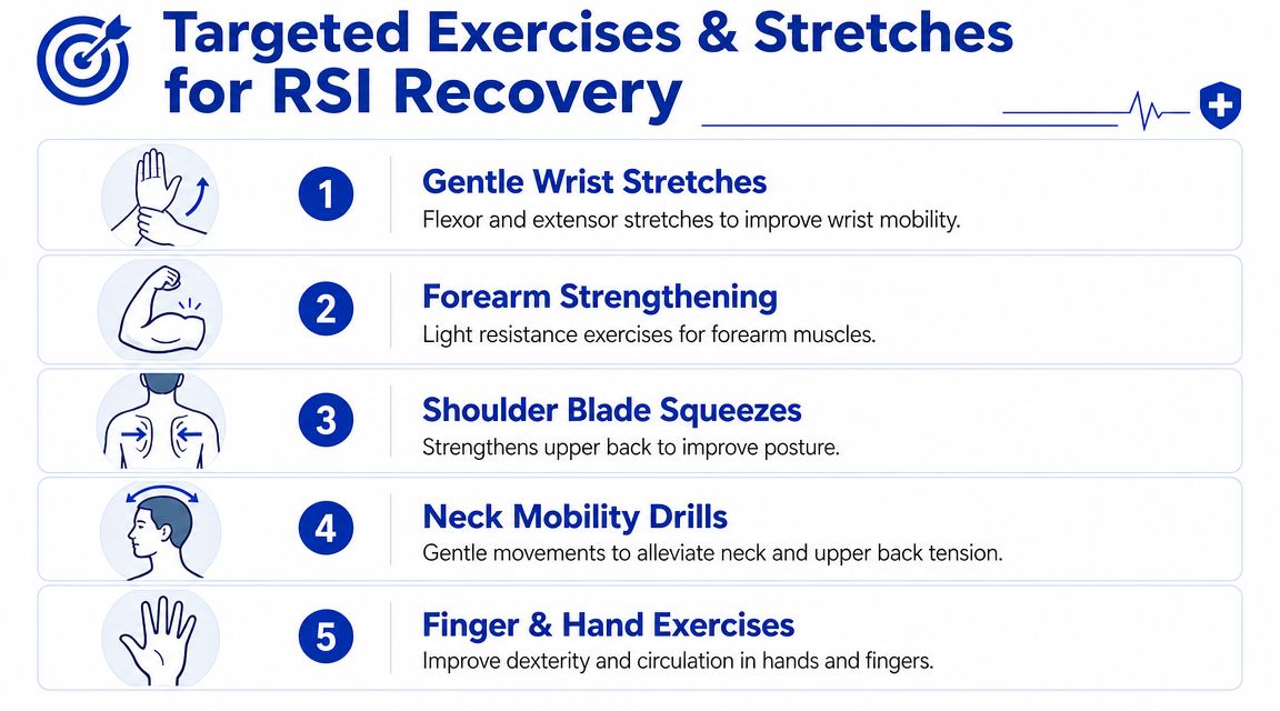 A list of five targeted exercises and stretches to help with recovery from repetitive strain injury.