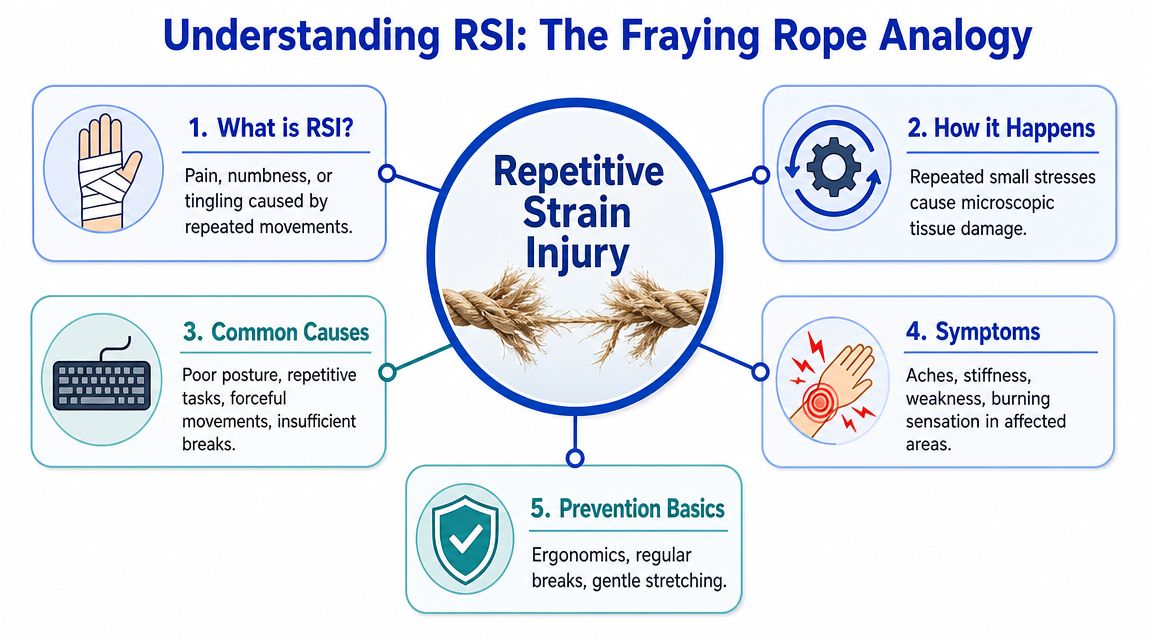 An infographic titled Understanding RSI using a fraying rope analogy to explain repetitive strain injury causes and prevention.