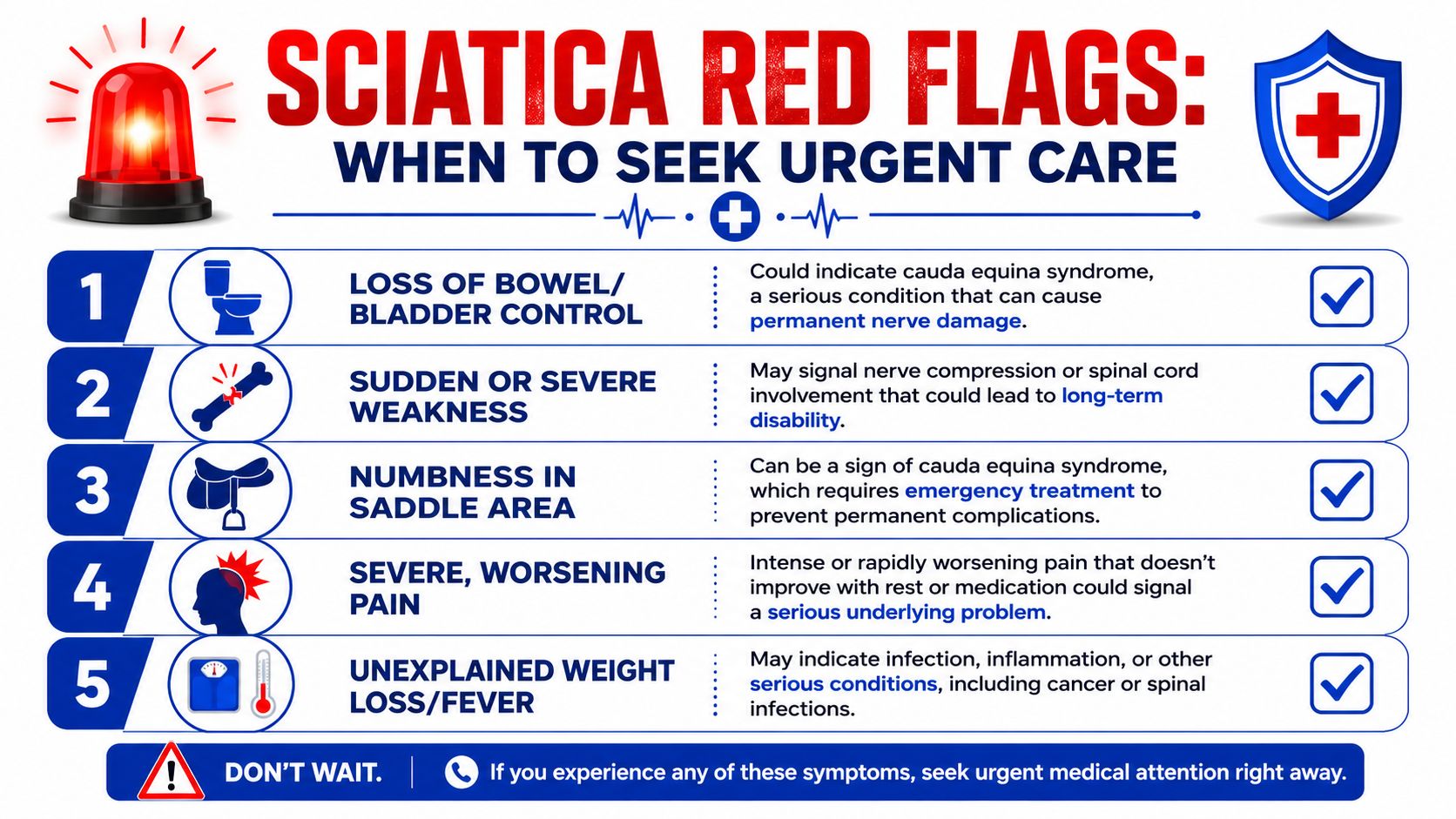 A red flag infographic detailing five critical warning symptoms of sciatica that require immediate medical attention.