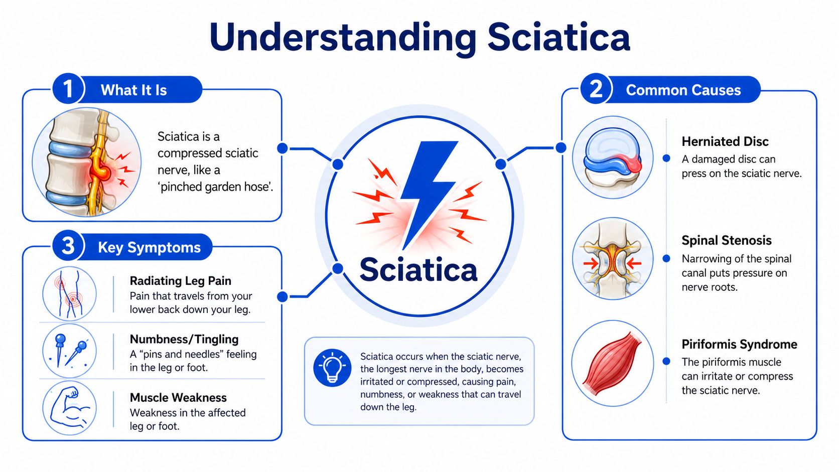 An infographic titled Understanding Sciatica detailing the definition, common causes, and key symptoms of the condition.