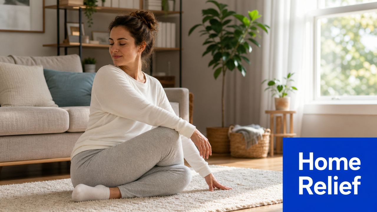 A woman sitting on a living room floor performing a gentle seated twist stretch for relief.
