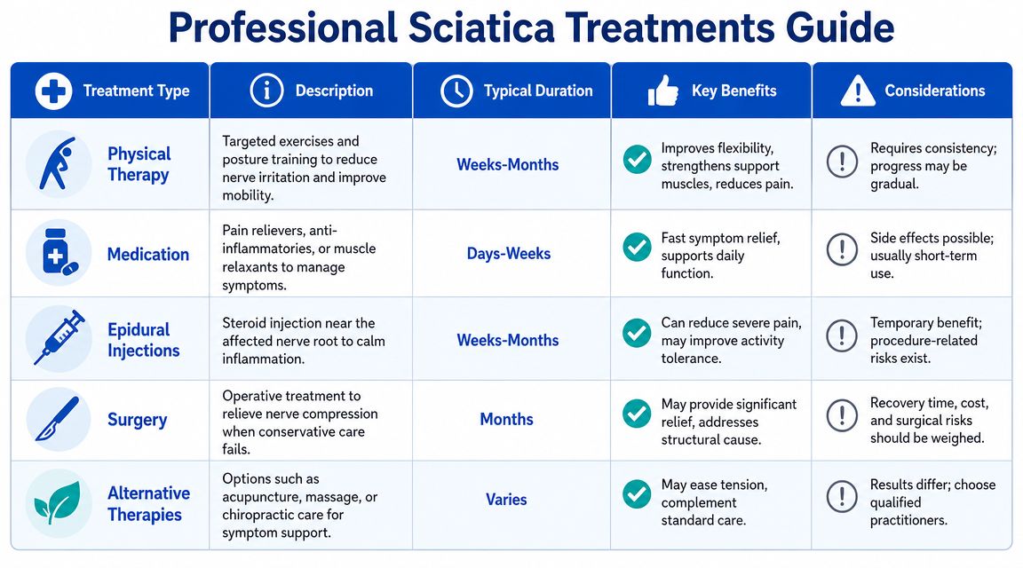 A chart detailing professional sciatica treatment options including physical therapy, medication, injections, surgery, and alternative therapies.