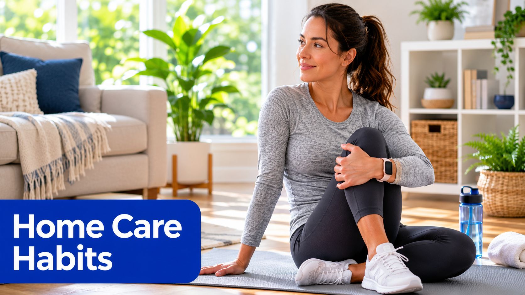 A woman in workout gear stretching on a yoga mat in a bright, modern living room.