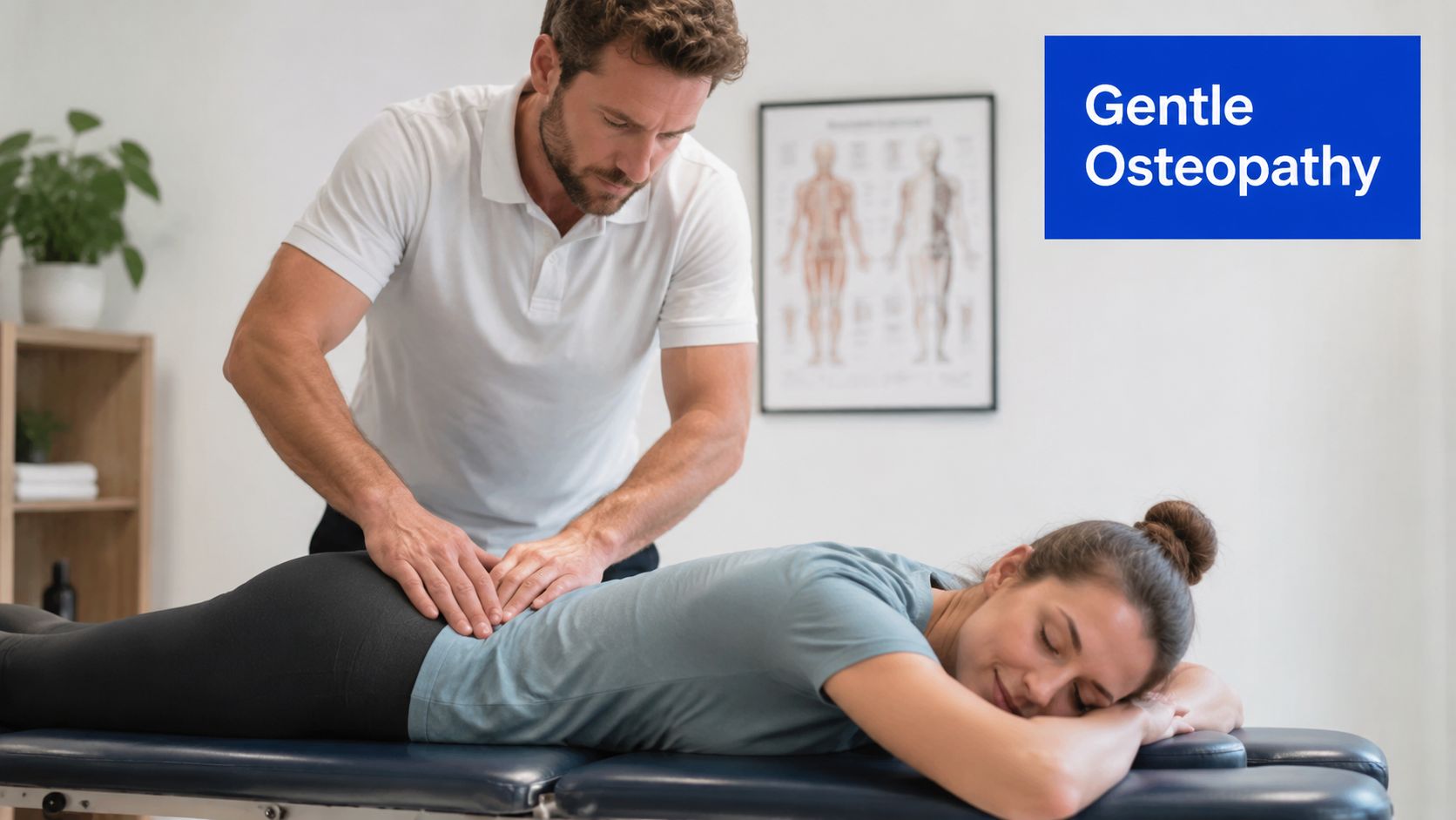 A professional osteopath performs a gentle massage on a patient lying on a therapy table.