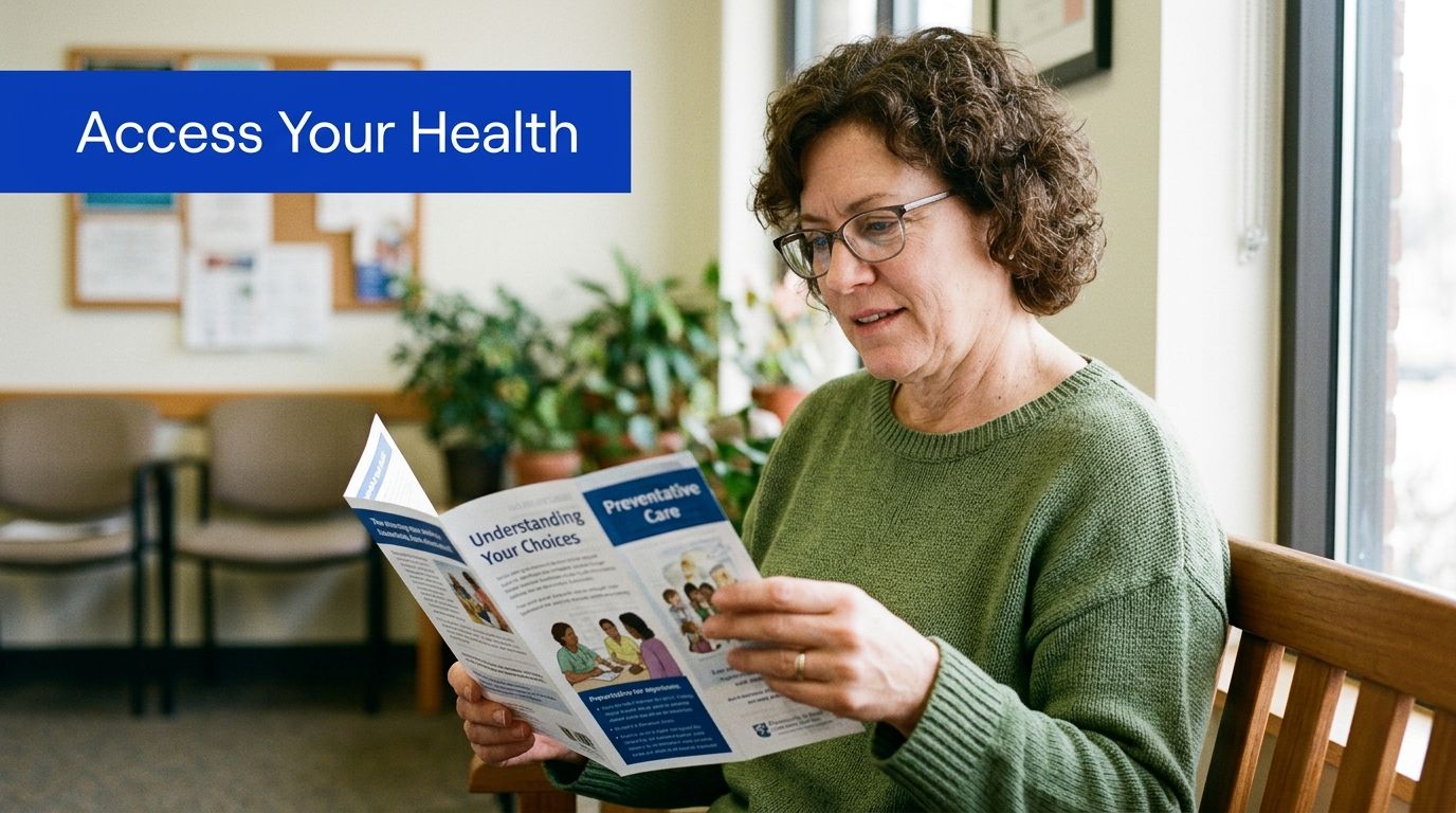 A middle-aged woman with glasses reading a medical pamphlet about preventative care in a clinic waiting room.