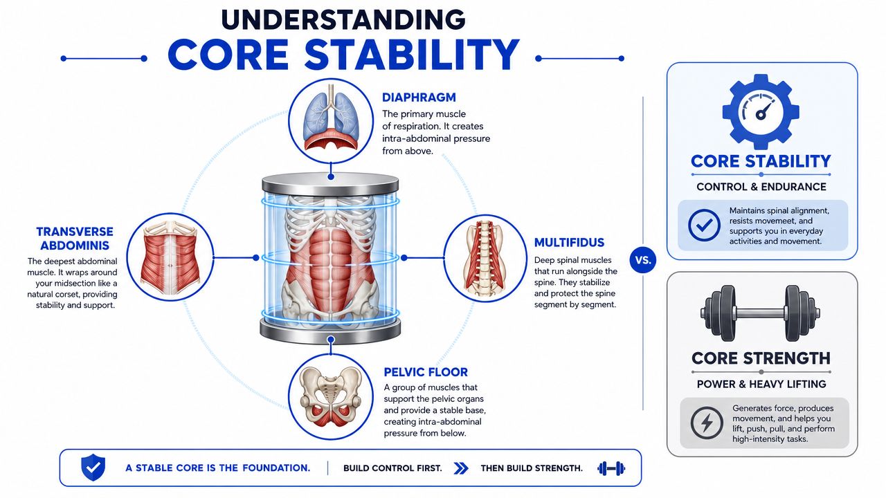 A diagram illustrating the four key muscles of core stability and comparing core stability to core strength.