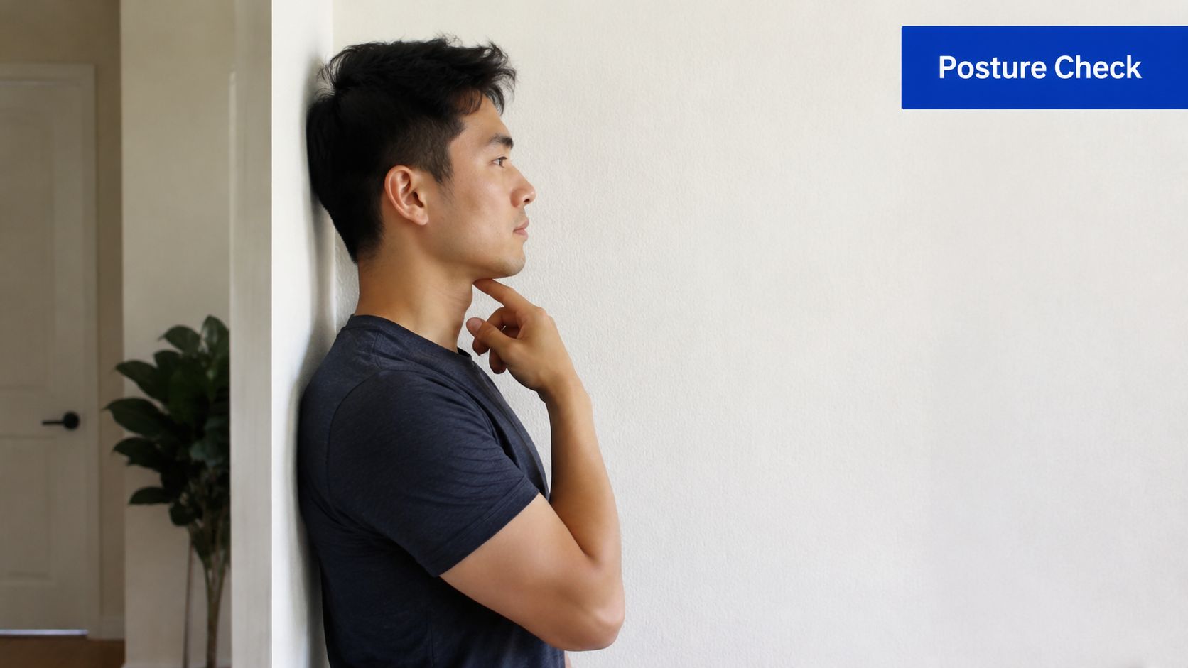 A man performing a chin tuck exercise against a wall to improve his neck alignment and posture.