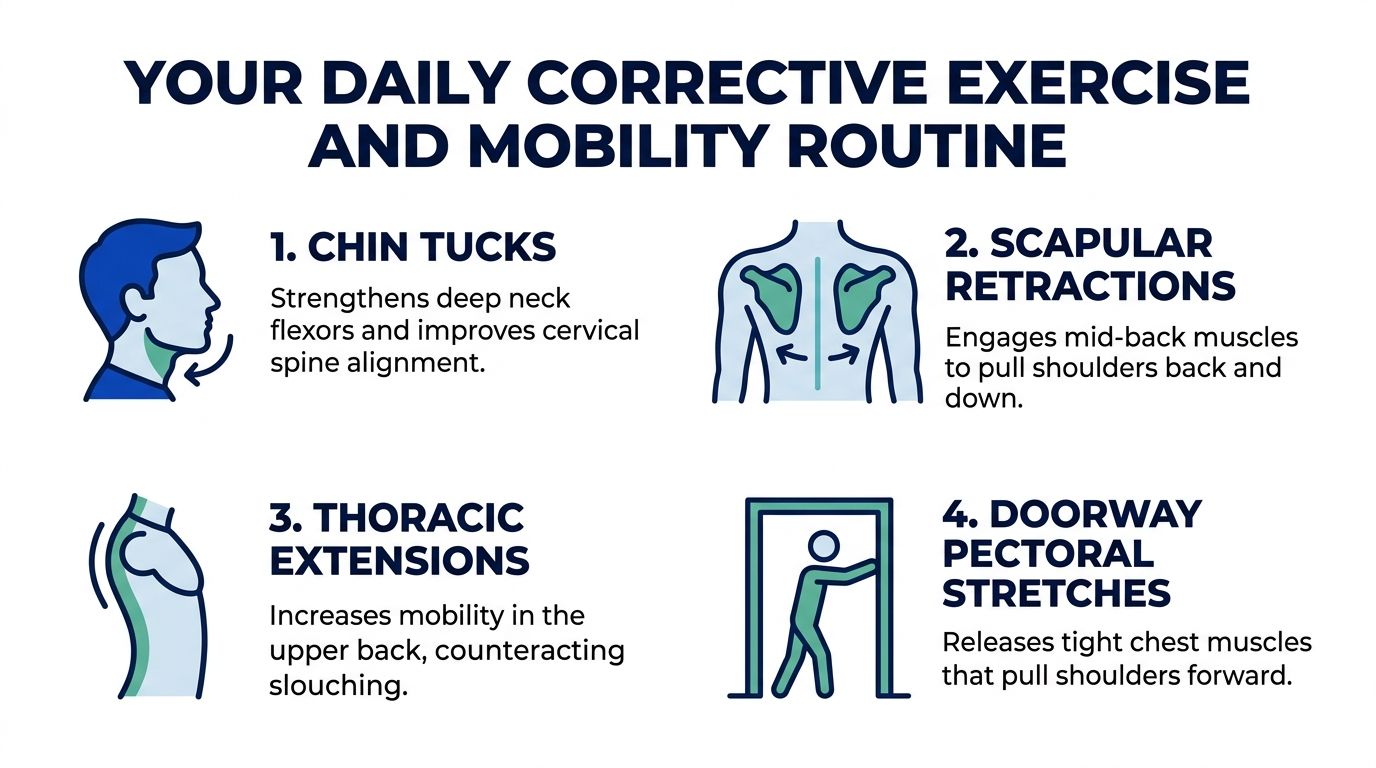An infographic showing four daily corrective exercises to fix forward head posture and improve spinal alignment.