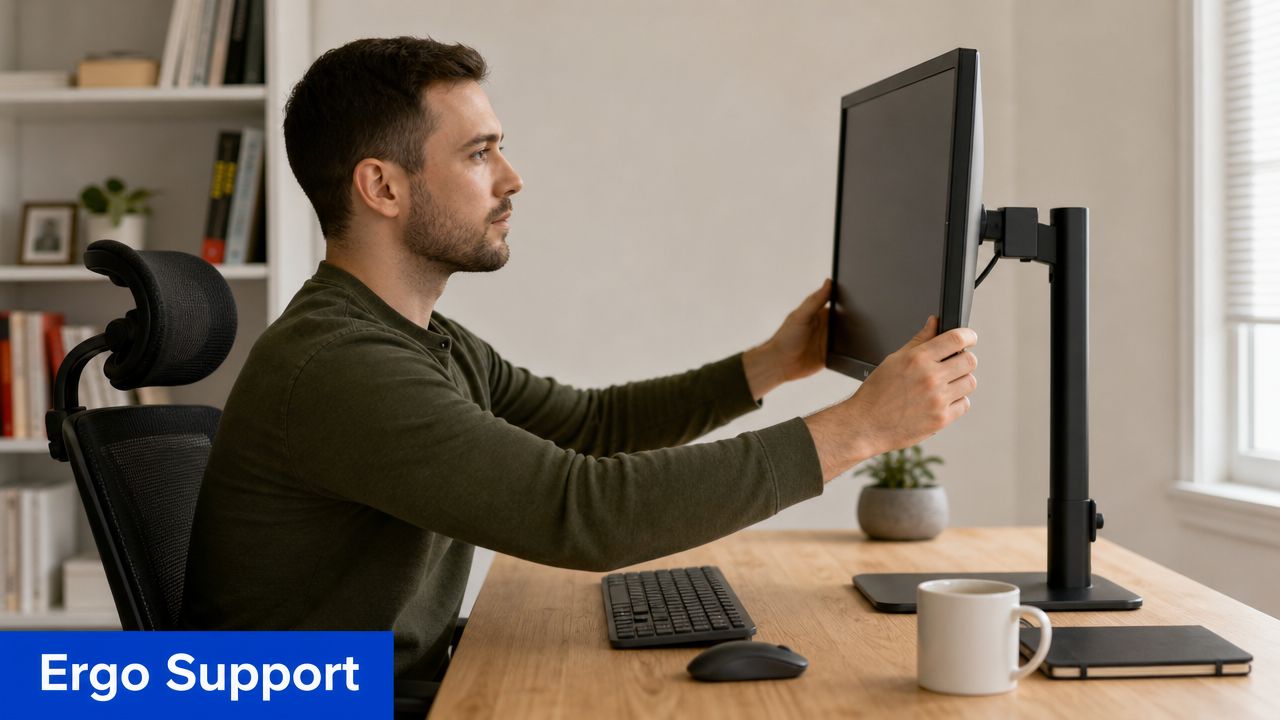 A man adjusting an ergonomic monitor stand to improve his posture while working at his desk.