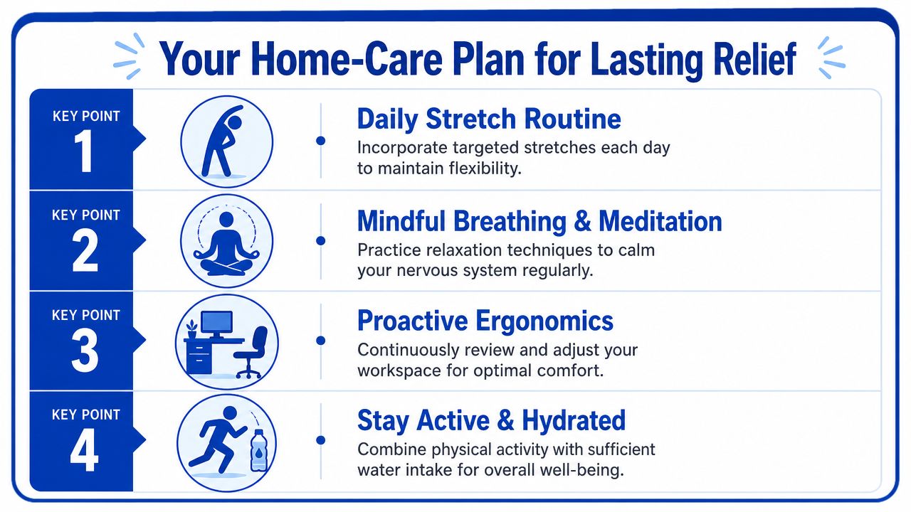 A home-care plan infographic listing four key points for lasting relief, including stretching, meditation, ergonomics, and hydration.