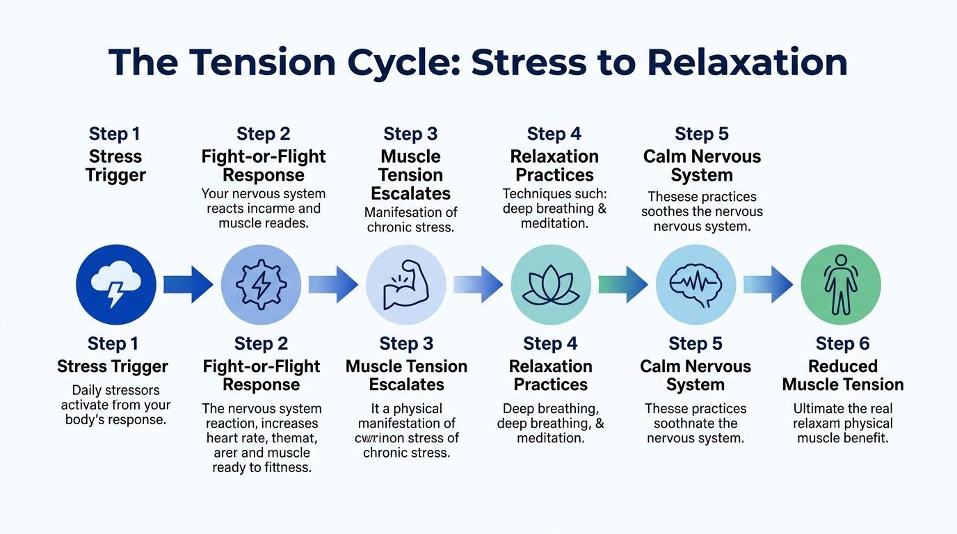 An infographic titled The Tension Cycle, illustrating six steps to manage stress and reduce muscle tension.