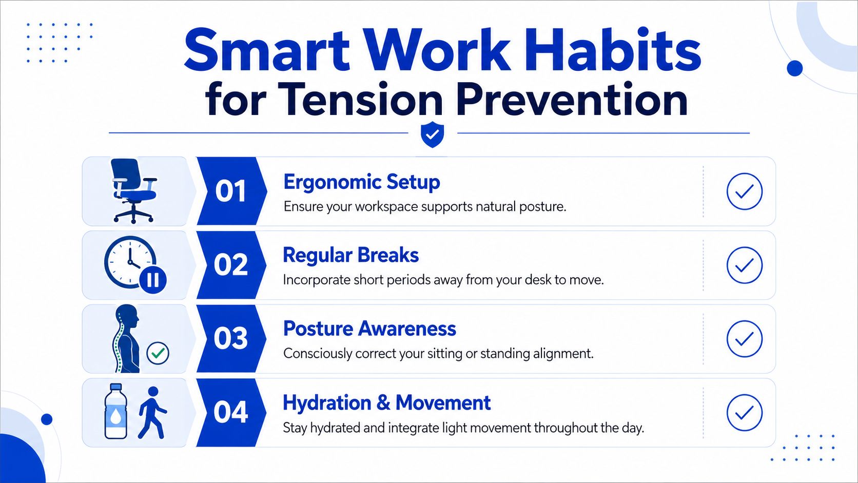 An infographic titled Smart Work Habits for Tension Prevention with four tips for better workplace health.