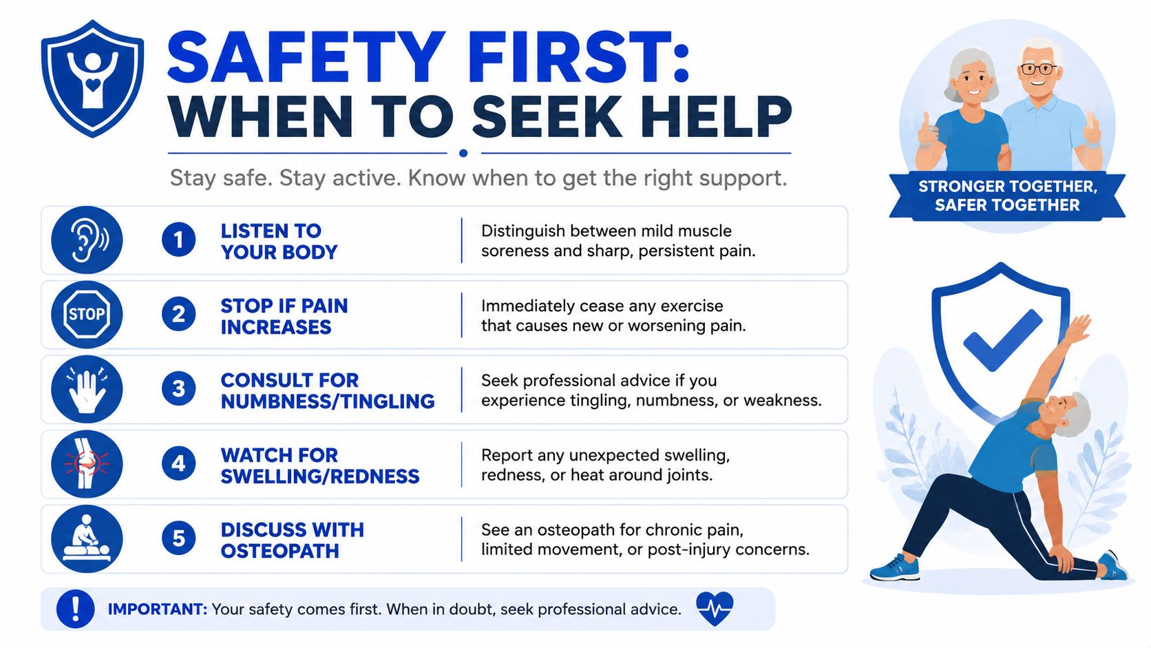 An infographic titled Safety First outlining five important steps for seniors to exercise safely and prevent injury.