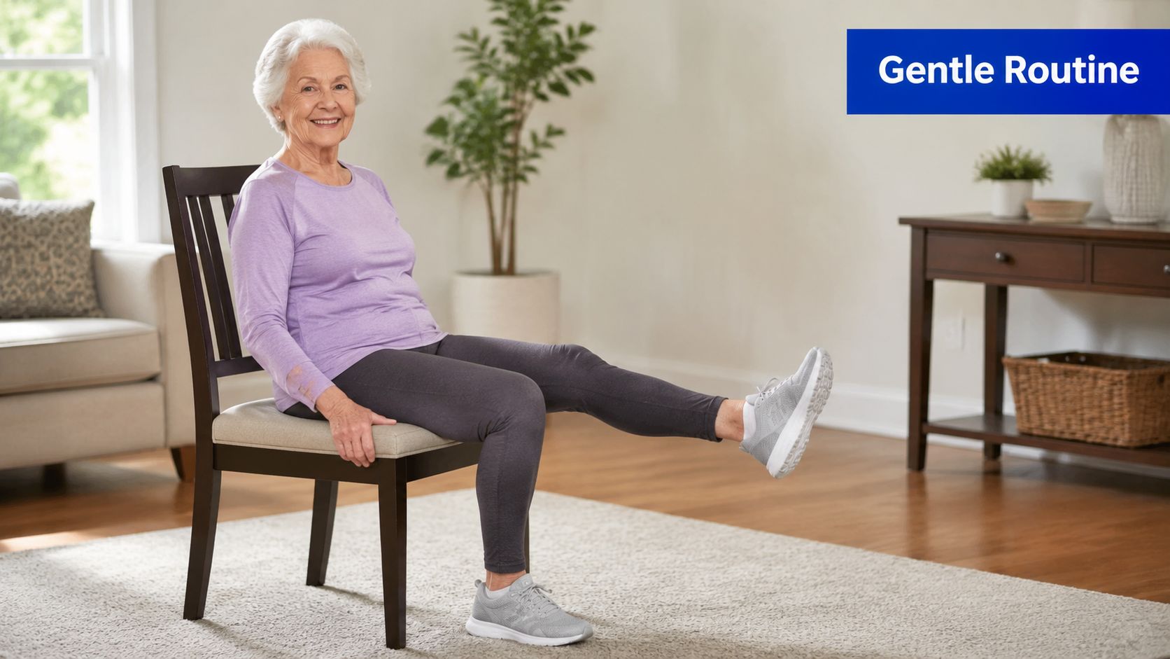 A smiling senior woman sitting on a wooden chair performing a seated leg extension exercise at home.