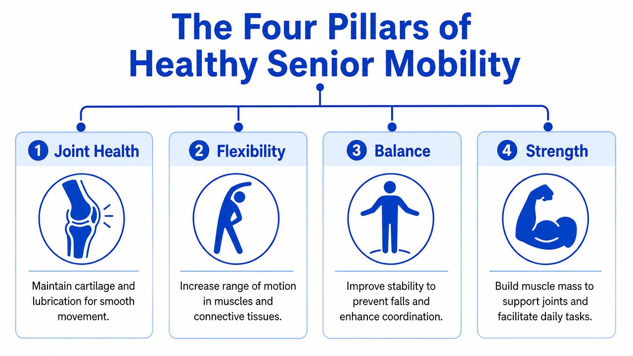 An infographic showing the four essential pillars for maintaining healthy senior mobility: joint health, flexibility, balance, and strength.