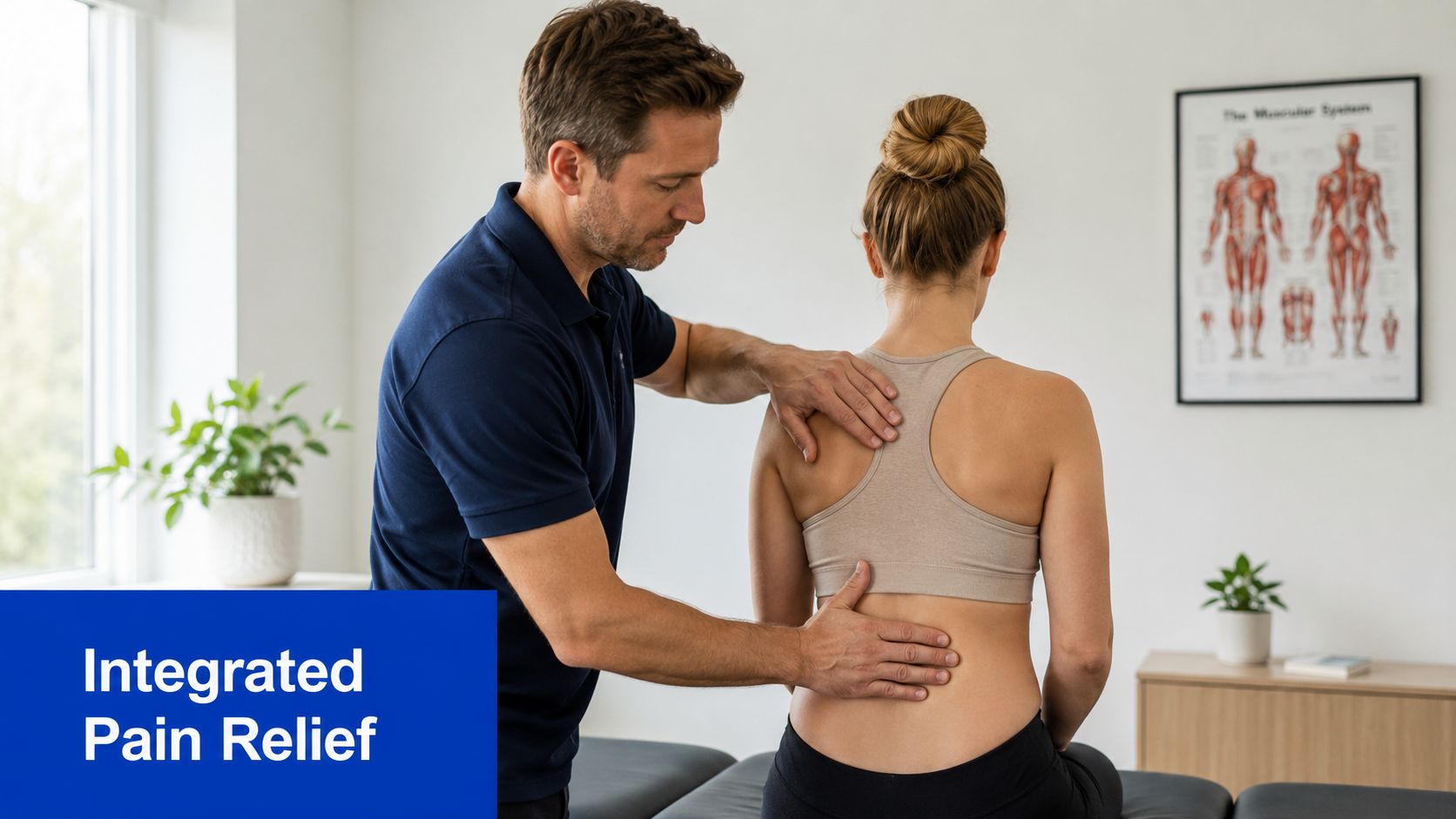 A professional chiropractor performing a physical therapy spinal adjustment on a female patient in a clinic.
